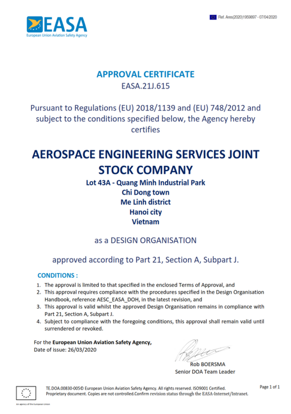 EASA Design Organisation Approval Certificate